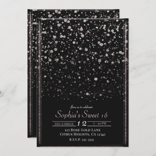 Rose Gold  Black Confetti Splatter Sweet 16 Party Invitation