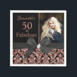 Rose Gold Black Damask 50th Birthday photo Napkins<br><div class="desc">Rose gold glitter and black damask | 50th Birthday paper napkin. Fifty and Fabulous! A beautiful modern elegant pink rose gold glitter and black damask 50th Birthday Party Napkin you can personalize your fiftieth birthday party celebration. At the center pretty black bow. Replace the sample photo with your own. The...</div>