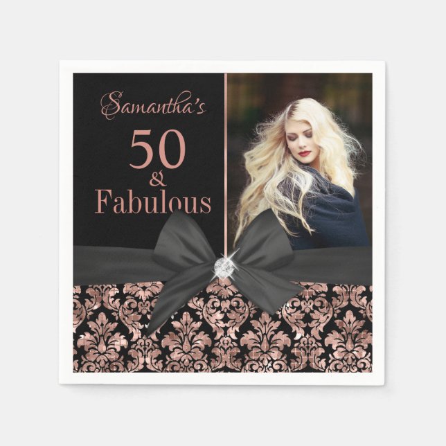 Rose Gold Black Damask 50th Birthday photo Napkins (Front)