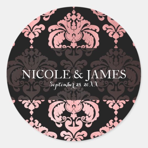 Rose Gold Black Damask Vintage Wedding Event Favor Classic Round Sticker