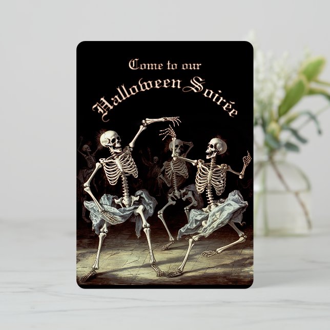 Rose Gold Black Death Dancing Skeletons Halloween Foil Holiday Card (Standing Front)