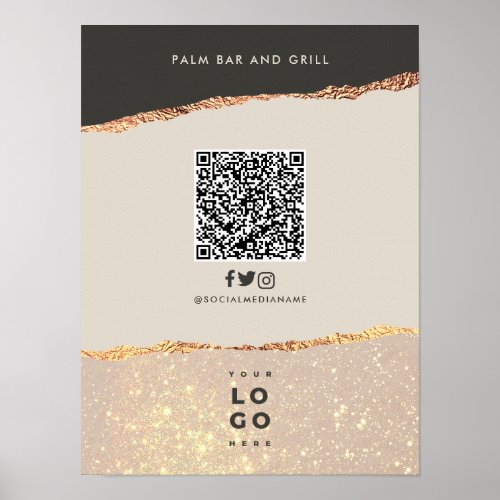 Rose gold black elegant bar menu price QR code Poster