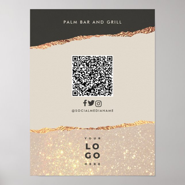 Rose gold black elegant bar menu price QR code Poster (Front)