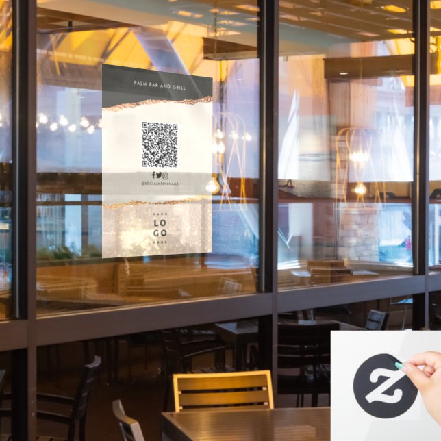 Rose gold black elegant bar menu price QR code Window Cling (Restaurant Window)