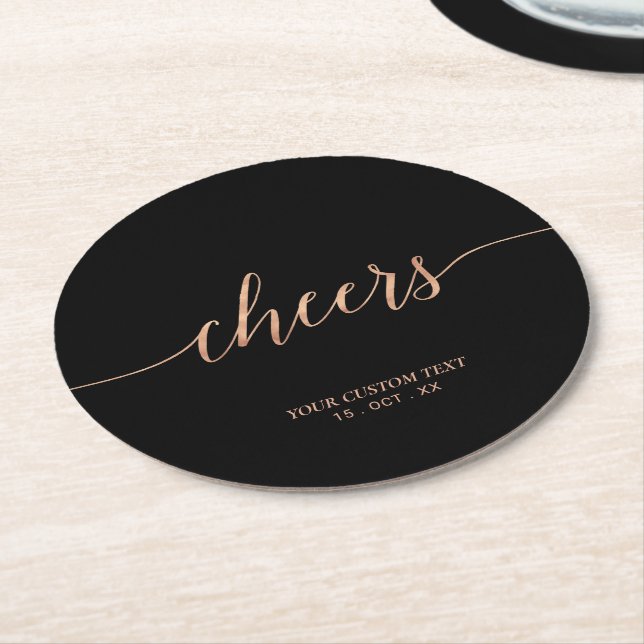 Rose gold & Black Elegant Lettering Cheers Party Round Paper Coaster (Angled)