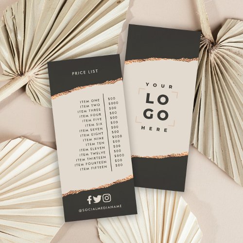 Rose gold black elegant modern girly price list rack card