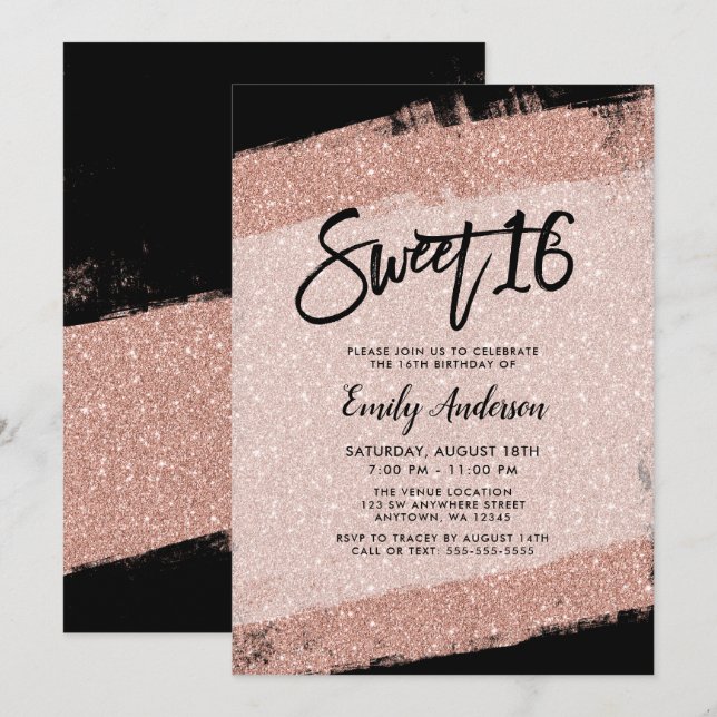 Rose Gold Black Faux Glitter Brush Sweet 16 Invitation (Front/Back)
