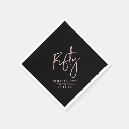 Rose Gold  Black Fifty Adult 50th Birthday Party Napkins