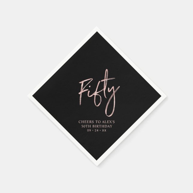 Rose Gold & Black Fifty Adult 50th Birthday Party Napkins (Corner)