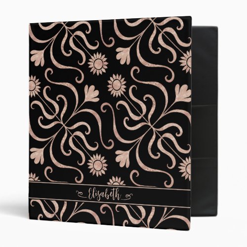 Rose Gold  Black Floral Damask Sunflower Folk Art 3 Ring Binder