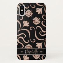Rose Gold & Black Floral Damask Sunflower Folk Art