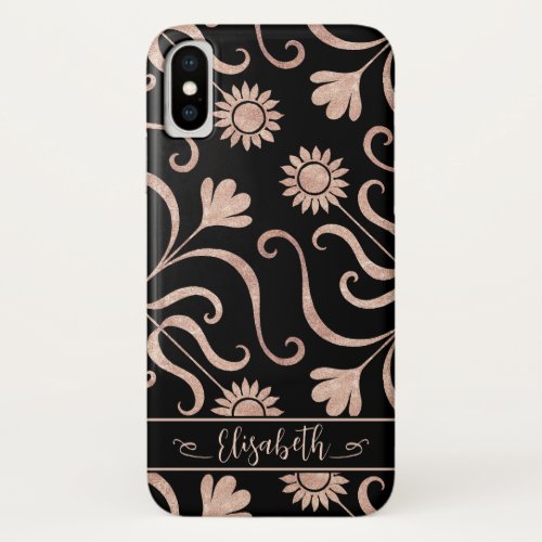 Rose Gold  Black Floral Damask Sunflower Folk Art iPhone X Case