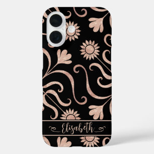 Rose Gold & Black Floral Damask Sunflower Folk Art iPhone 16 Case