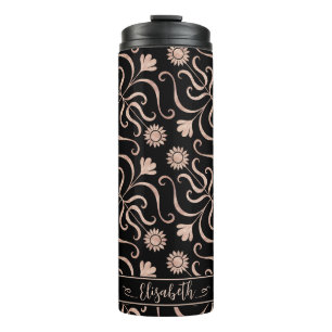 Rose Gold & Black Floral Damask Sunflower Folk Art Thermal Tumbler