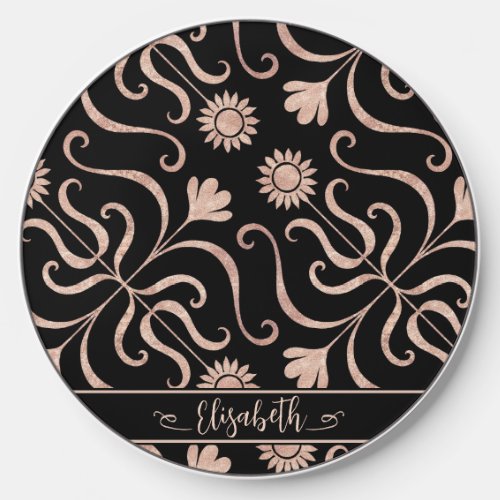 Rose Gold  Black Floral Damask Sunflower Folk Art Wireless Charger