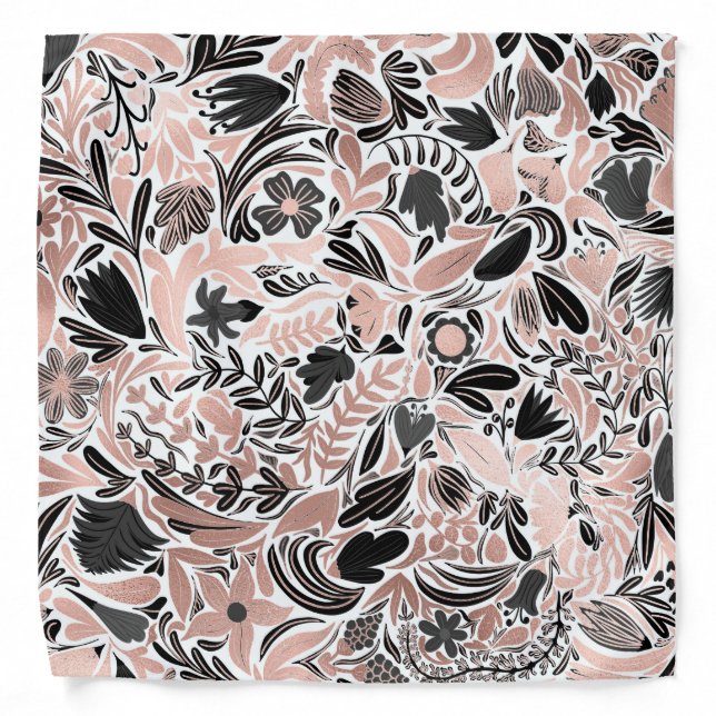 Rose Gold Black Floral Leaf Illustration Pattern Bandana (Front)