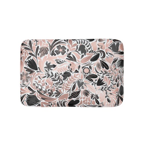 Rose Gold Black Floral Leaf Illustration Pattern Bath Mat