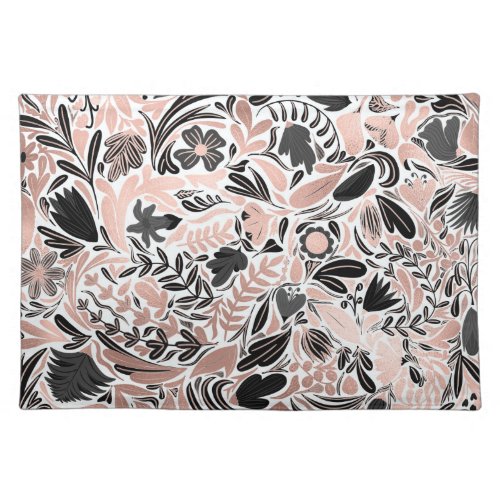 Rose Gold Black Floral Leaf Illustration Pattern Cloth Placemat