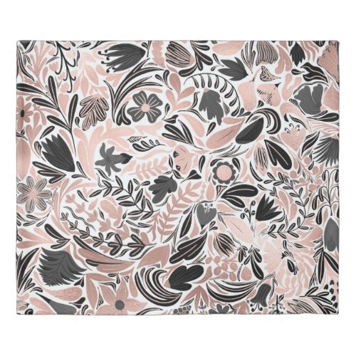 Rose Gold Black Floral Leaf Illustration Pattern Duvet Cover