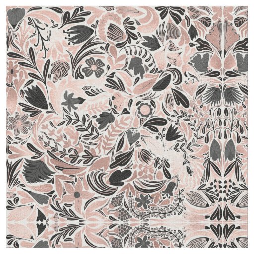 Rose Gold Black Floral Leaf Illustration Pattern Fabric