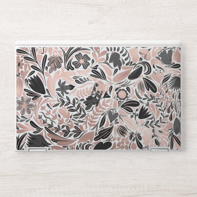 Rose Gold Black Floral Leaf Illustration Pattern HP Laptop Skin (Front)
