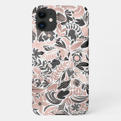 Rose Gold Black Floral Leaf Illustration Pattern iPhone 11 Case