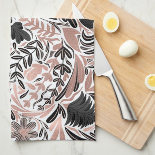 Rose Gold Black Floral Leaf Illustration Pattern Kitchen Towel