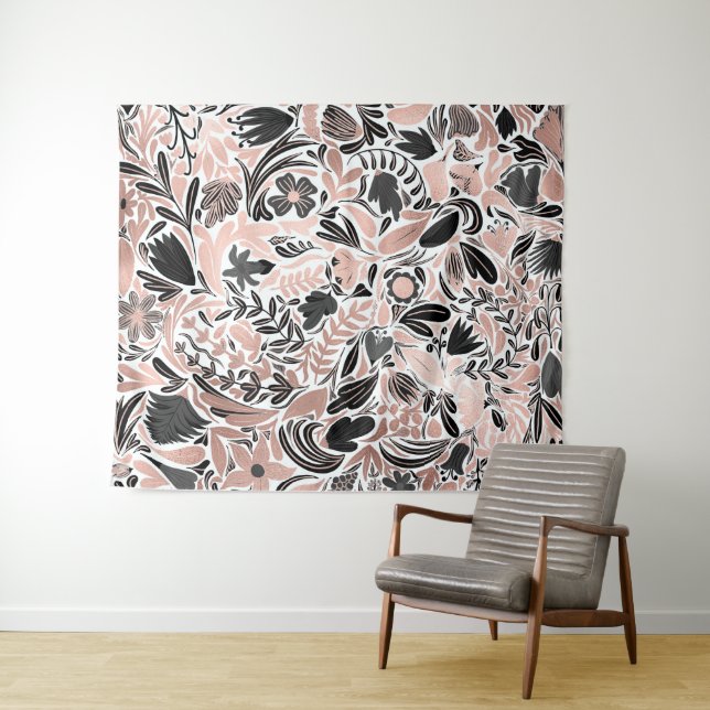 Rose Gold Black Floral Leaf Illustration Pattern Tapestry (In Situ (Horizontal))
