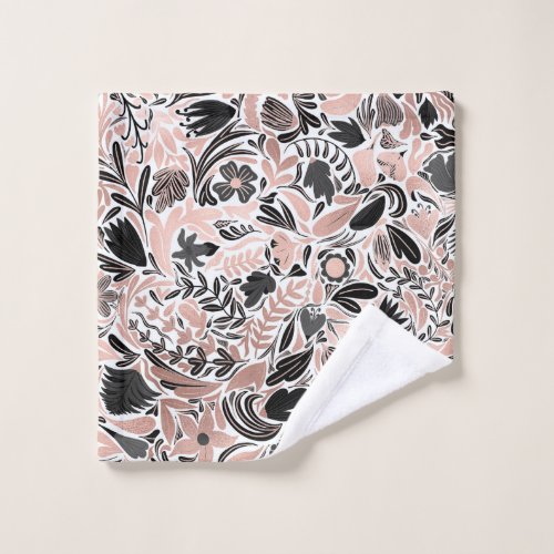 Rose Gold Black Floral Leaf Illustration Pattern Wash Cloth