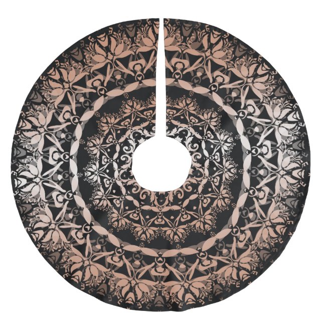 Rose Gold Black Floral Mandala Brushed Polyester Tree Skirt (Front)