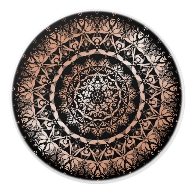 Rose Gold Black Floral Mandala Ceramic Knob (Front)