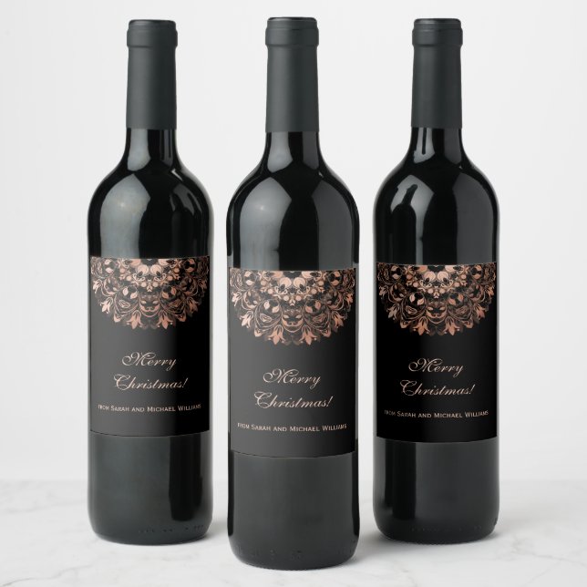 Rose Gold Black Floral Mandala Christmas Custom Wine Label (Bottles)