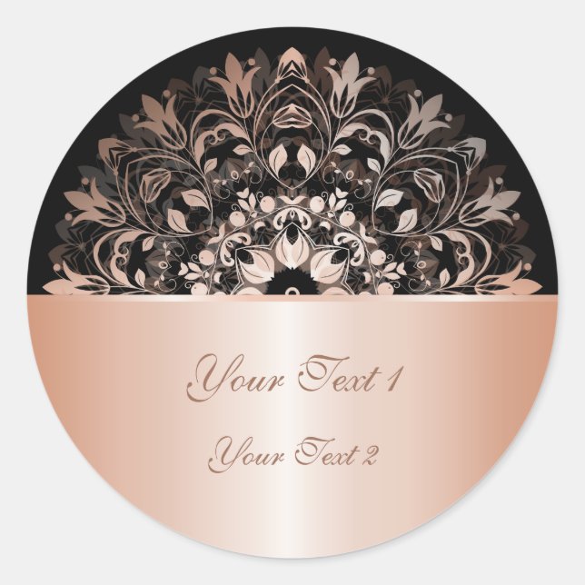 Rose Gold Black Floral Mandala Classic Round Sticker (Front)