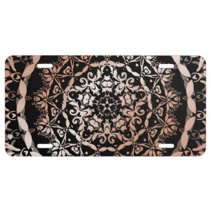 Rose Gold Black Floral Mandala License Plate