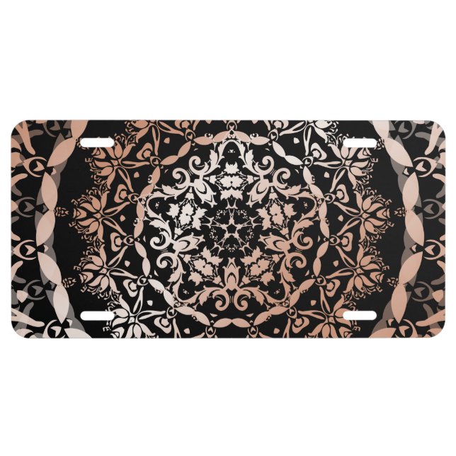 Rose Gold Black Floral Mandala License Plate (Front)