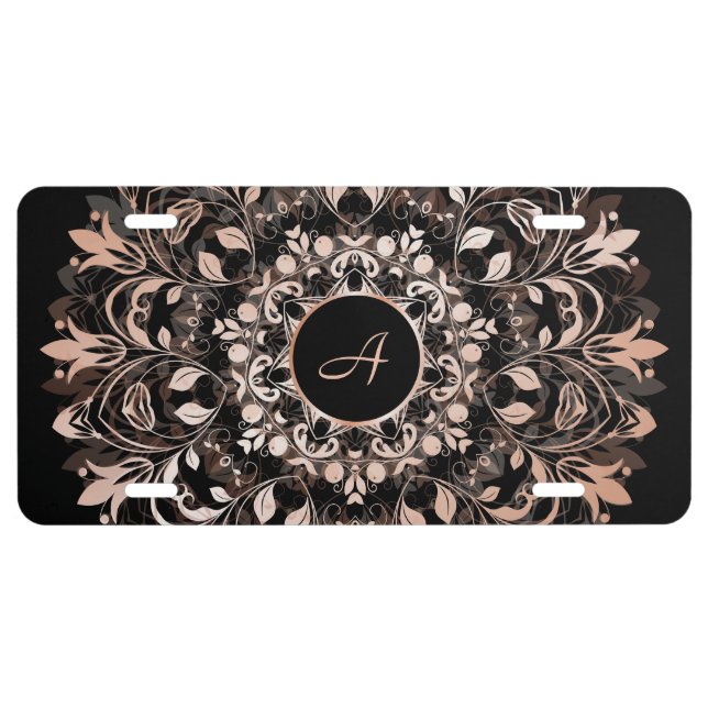 Rose Gold Black Floral Mandala License Plate (Front)