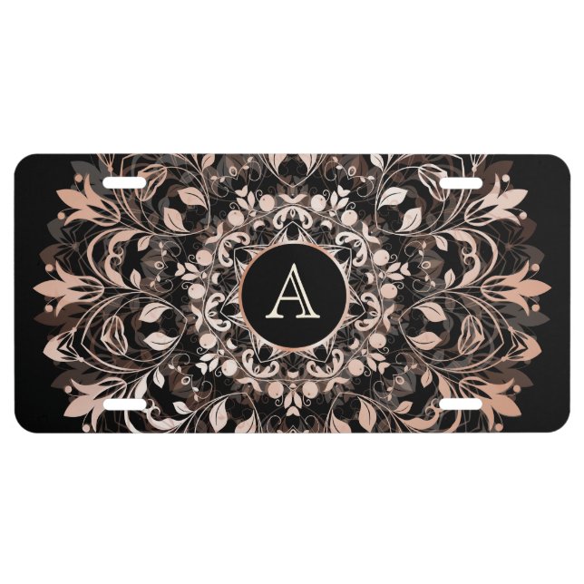 Rose Gold Black Floral Mandala  License Plate (Front)