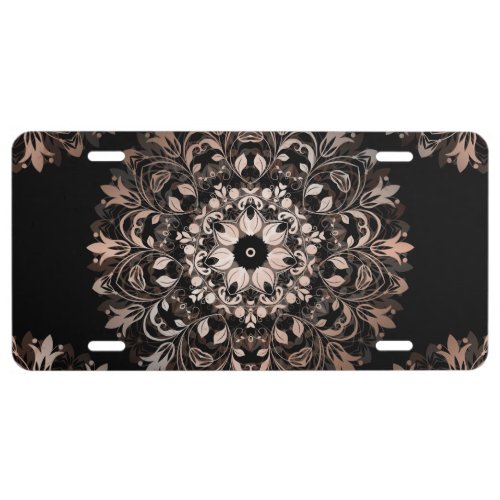 Rose Gold Black Floral Mandala License Plate