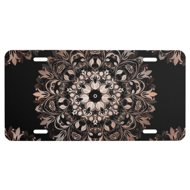 Rose Gold Black Floral Mandala License Plate (Front)