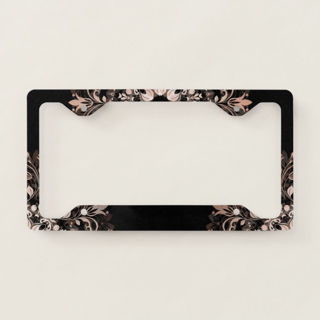 Rose Gold Black | Floral Mandala License Plate Frame (Front)