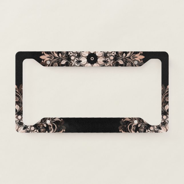 Rose Gold Black Floral Mandala License Plate Frame (Front)