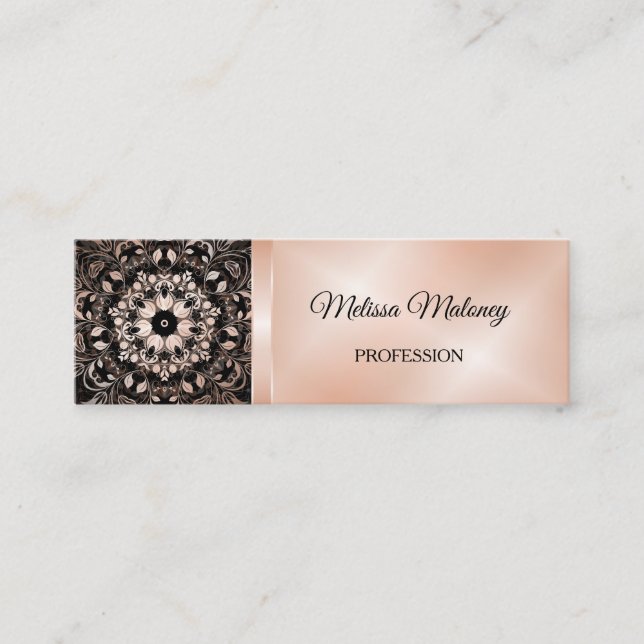 Rose Gold Black Floral Mandala Mini Business Card (Front)