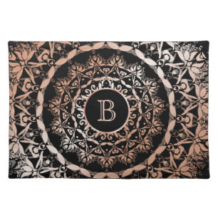 Rose Gold Black Floral Mandala Monogram Cloth Placemat