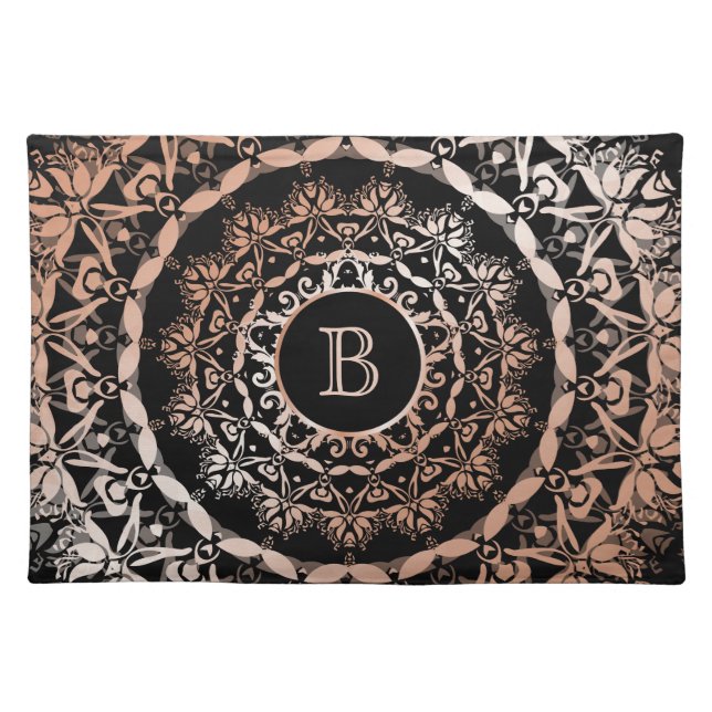 Rose Gold Black Floral Mandala Monogram  Cloth Placemat (Front)