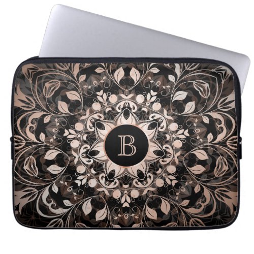 Rose Gold Black Floral Mandala Monogram Laptop Sleeve