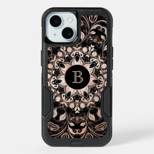 Rose Gold Black Floral Mandala Monogram iPhone 15 Case