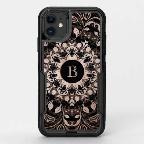 Rose Gold Black Floral Mandala Monogram OtterBox Commuter iPhone 11 Case