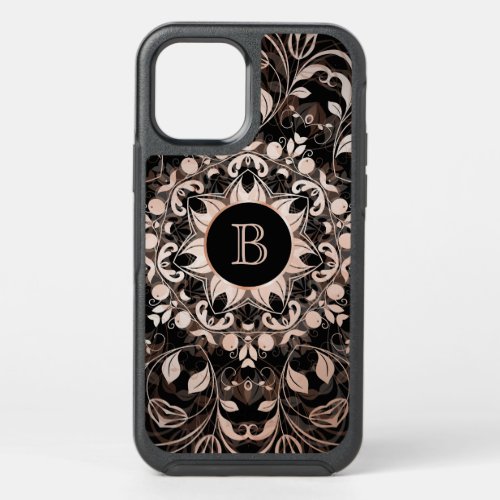 Rose Gold Black Floral Mandala Monogram OtterBox Symmetry iPhone 12 Case