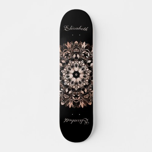 Rose Gold Black Floral Mandala Monogram Skateboard