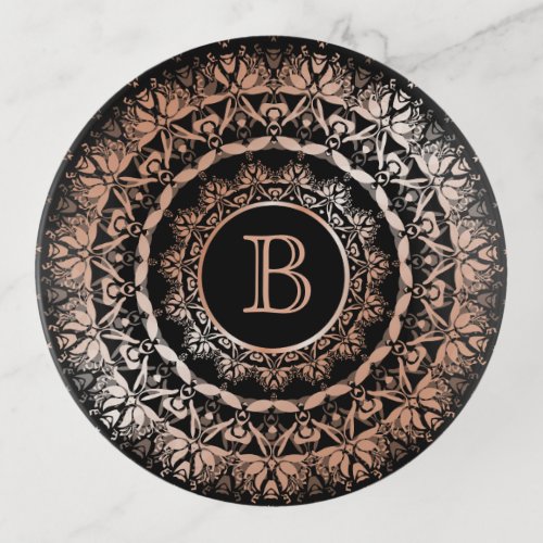 Rose Gold Black Floral Mandala Monogram  Trinket Tray